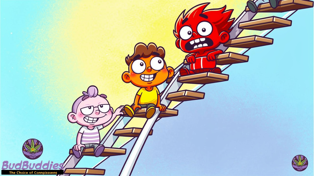 Cartoon characters on dosing ladder showing THC levels