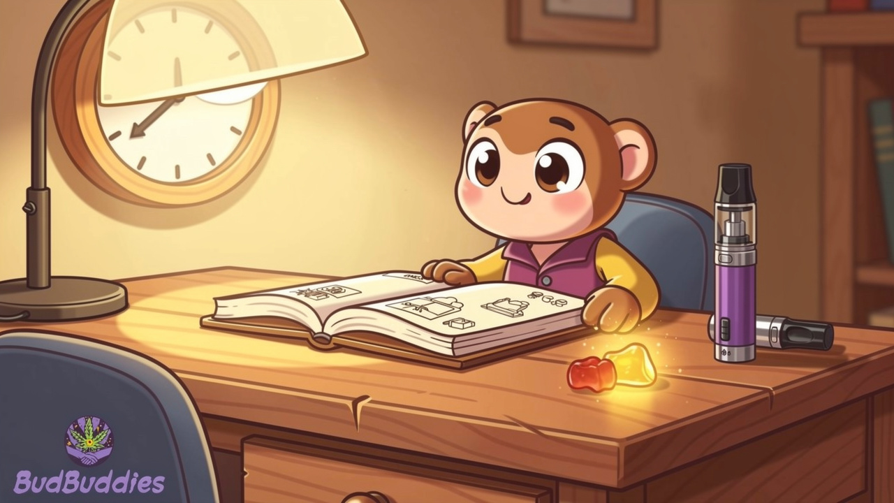Cartoon character carefully tracking a low THC dose routine