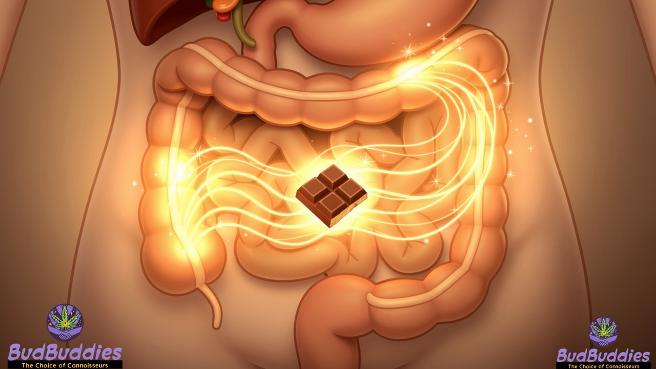 Cartoon illustration of THC edible digestion and liver process