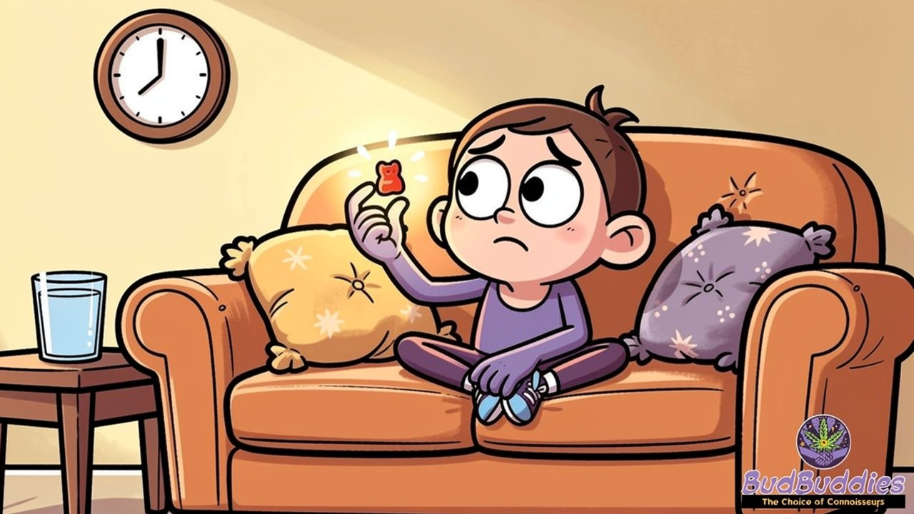 Cartoon character dosing THC edible carefully on a cosy sofa