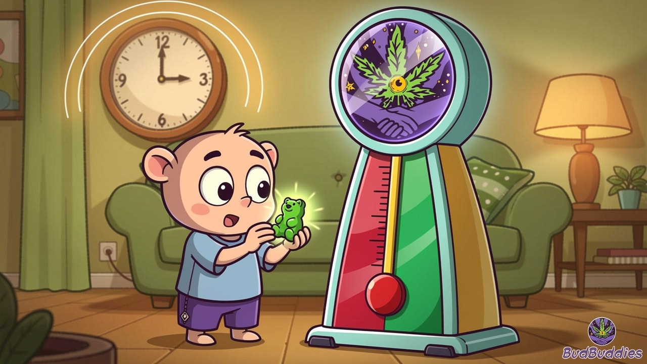 Cartoon character carefully measuring THC edible dose