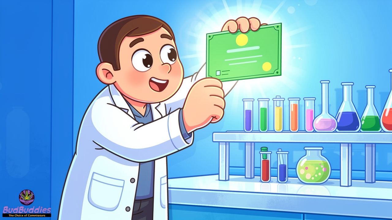 Cartoon scientist checking THC edible lab certificate