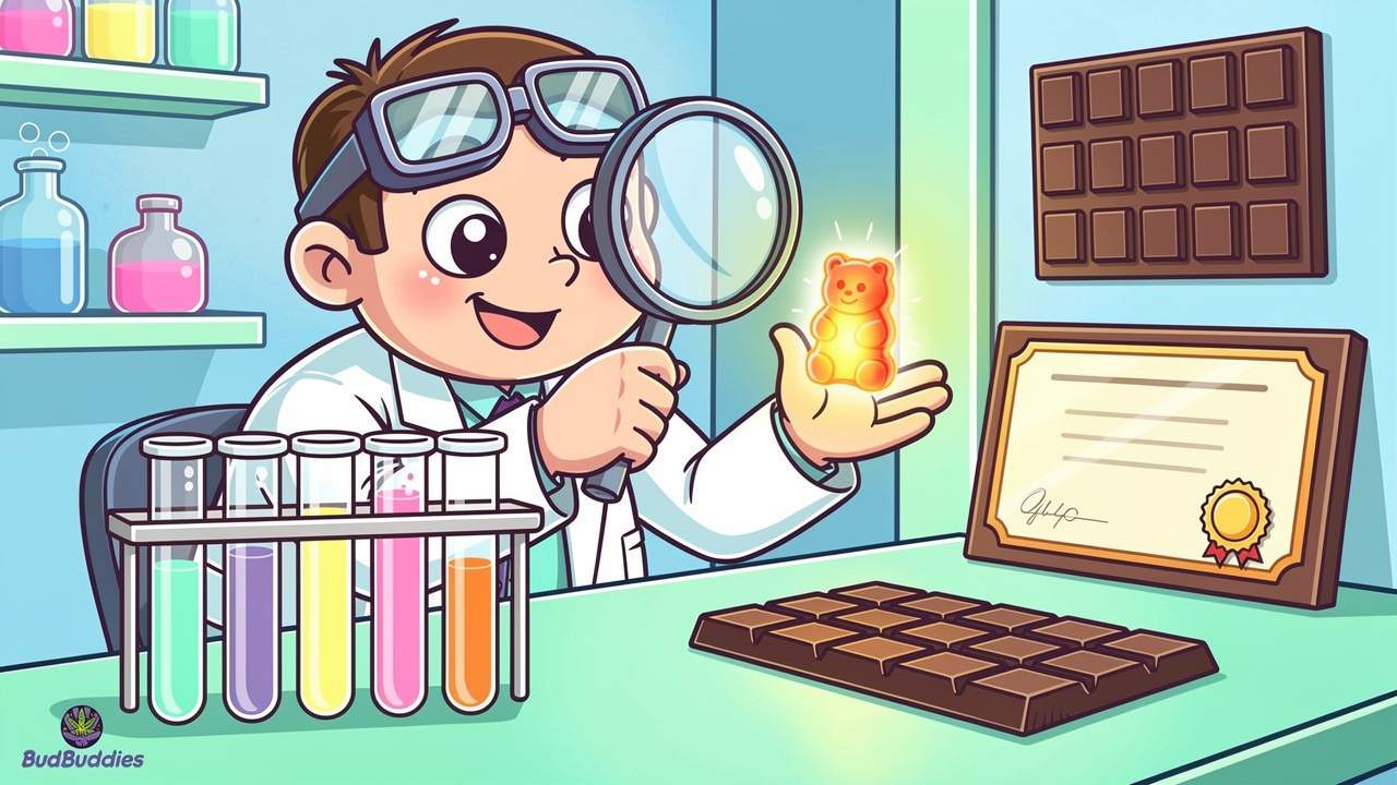 Cartoon scientist checking quality and lab results of THC edibles
