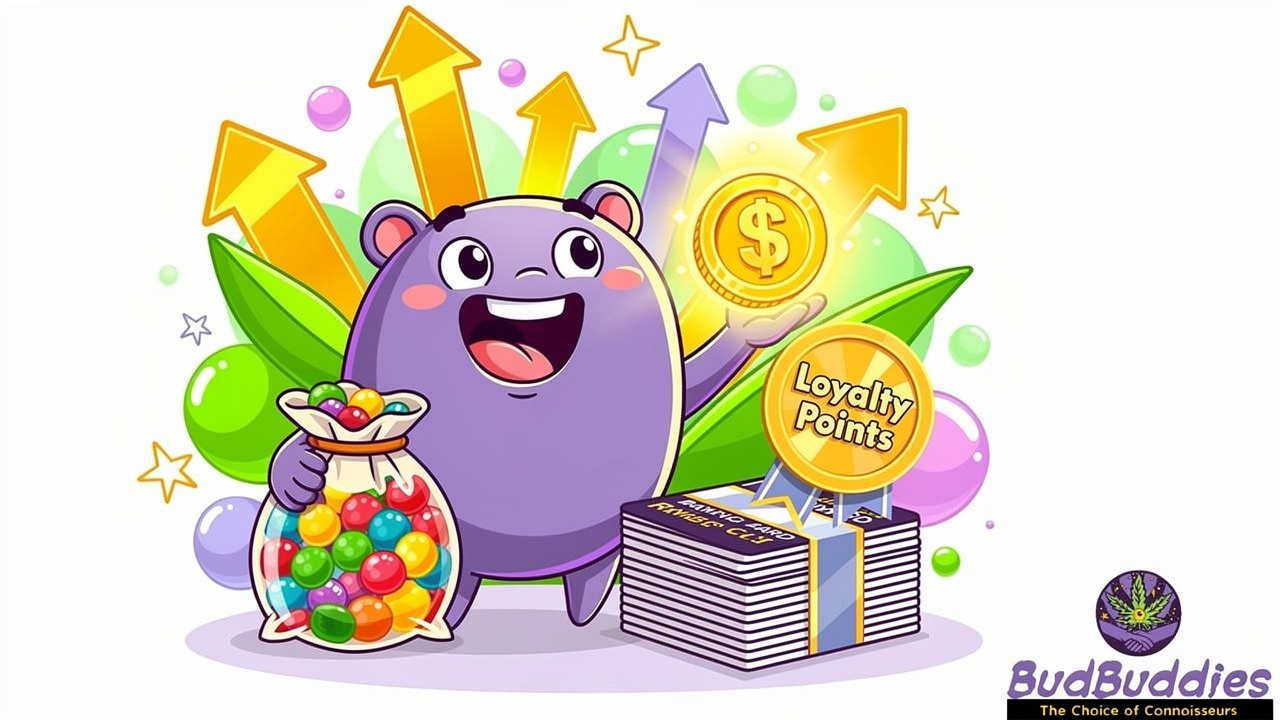 Friendly cartoon character celebrating savings on THC edibles