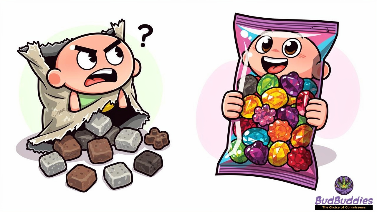 Cartoon comparison of cheap versus quality THC edibles packaging