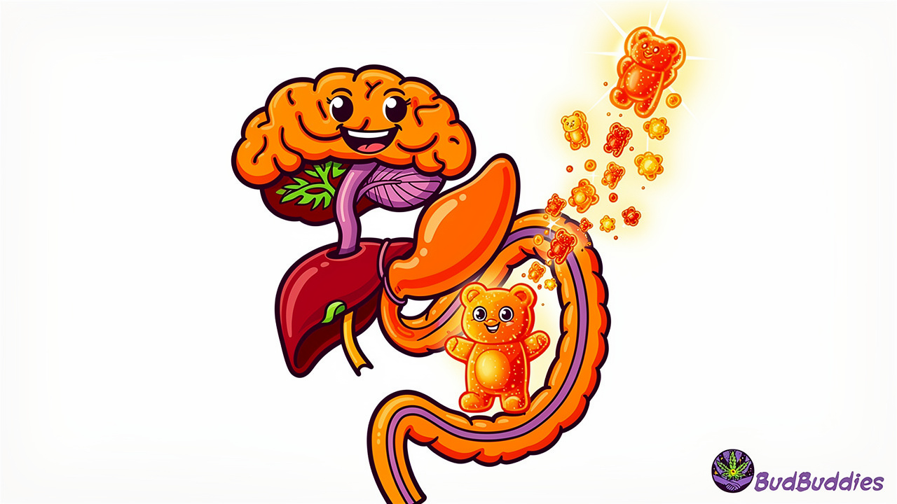 Cartoon showing how THC edibles travel through the digestive system
