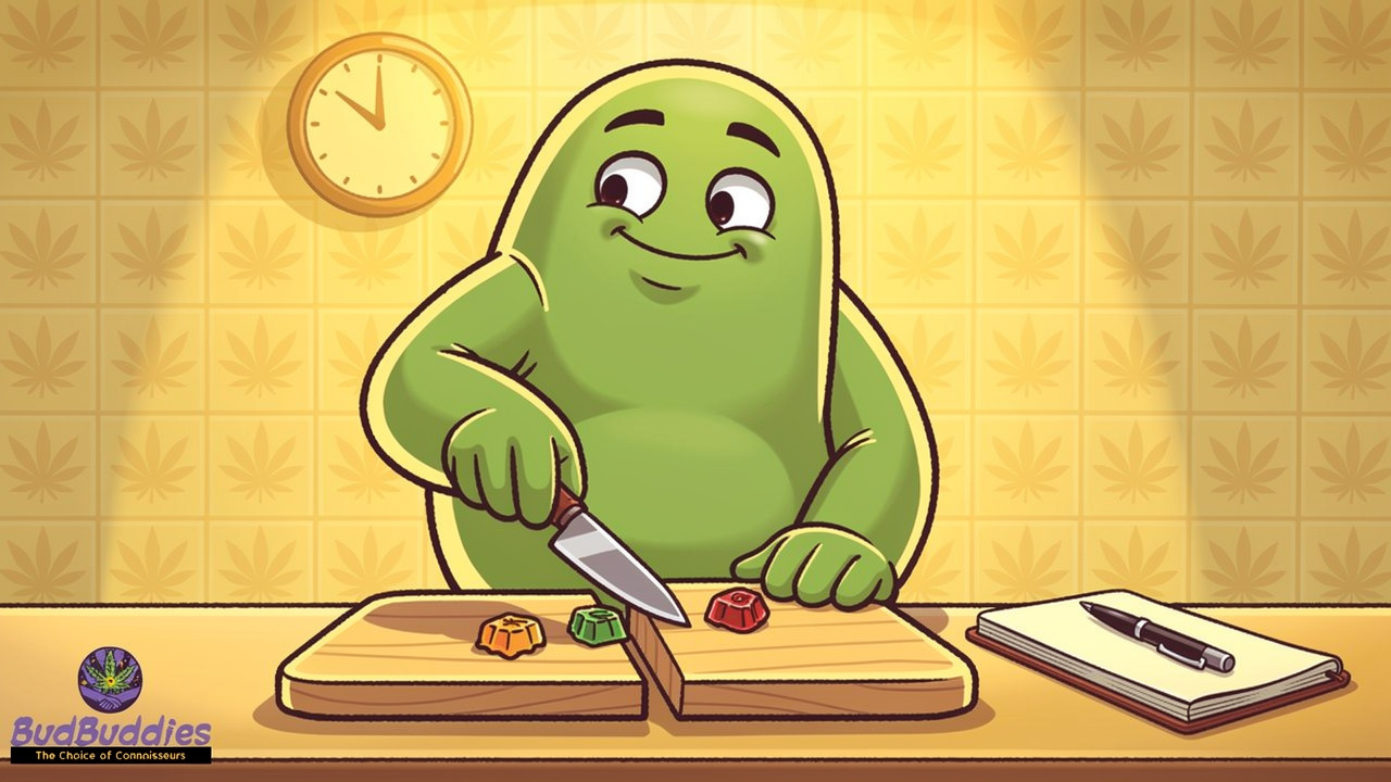 Cartoon illustration of safe THC edible dosing start low