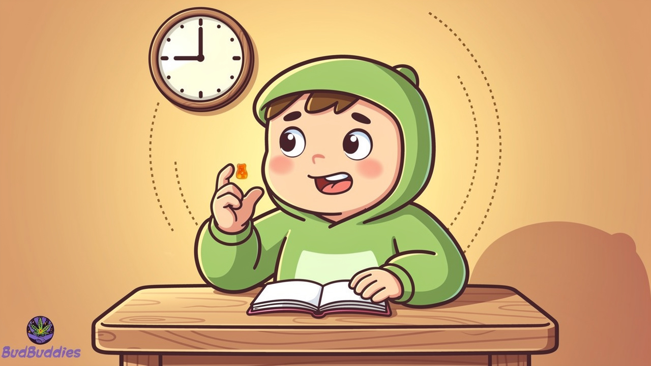 Cartoon first-time buyer carefully trying a single THC gummy
