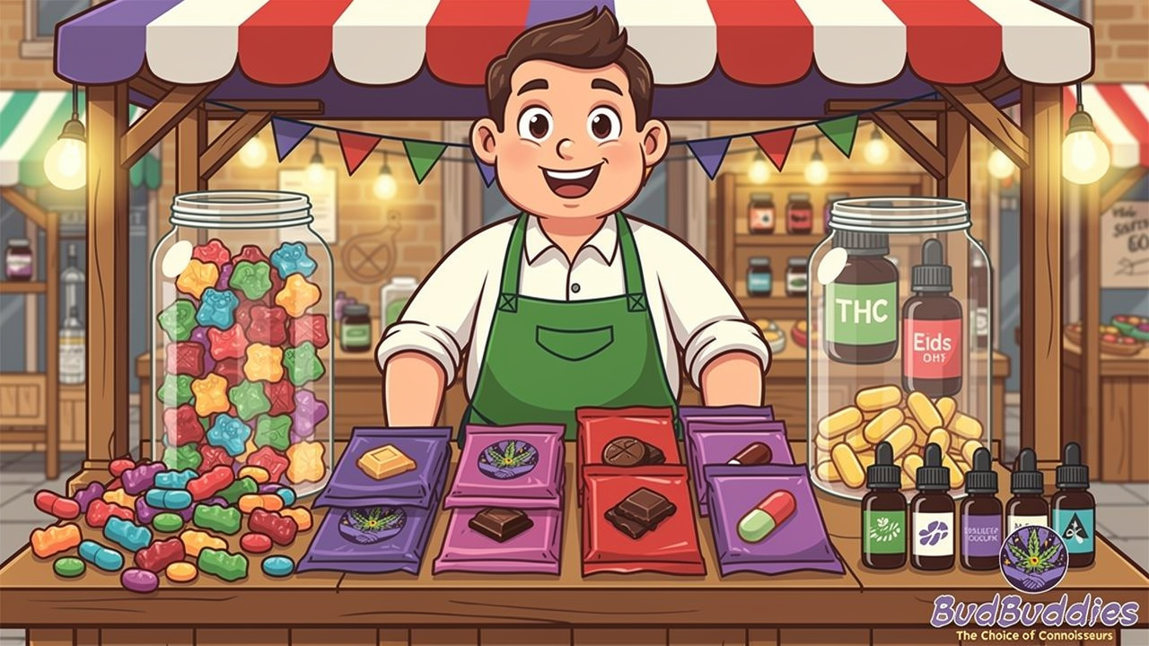 Cartoon market stall with gummies, chocolates, and capsules