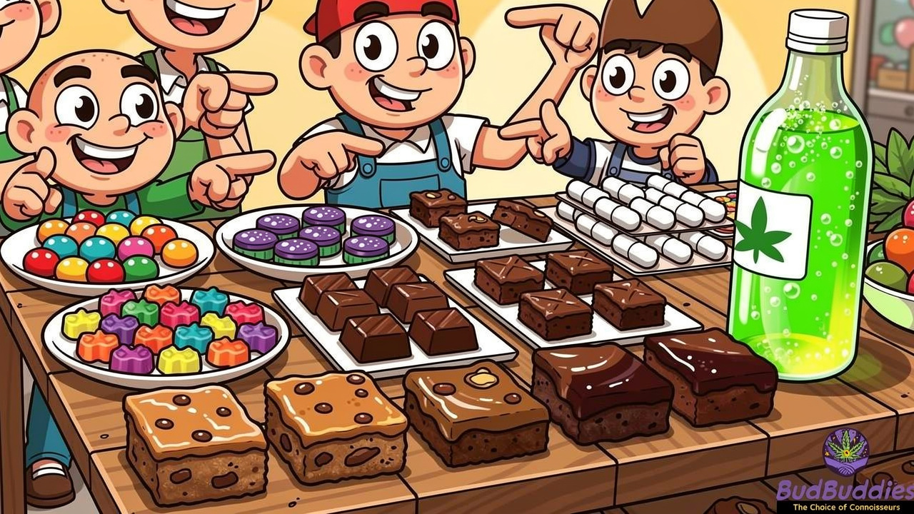 Cartoon display of various THC edible formats and their price ranges
