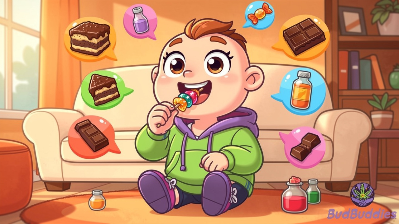 Friendly cartoon character enjoying THC edibles at home