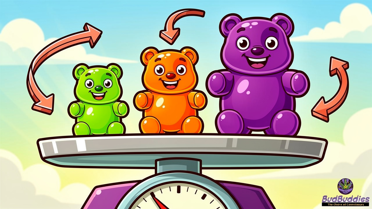 Cartoon gummy bears showing different THC strength sizes