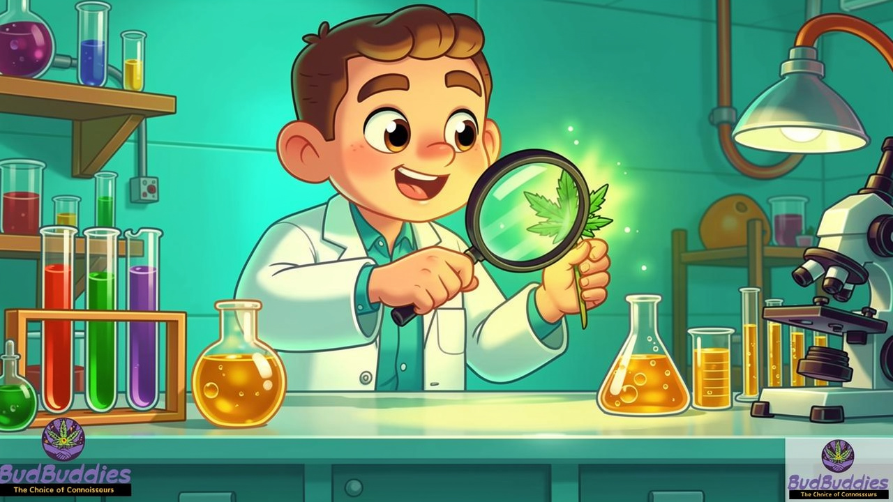Cartoon scientist testing THC edible quality in a bright laboratory