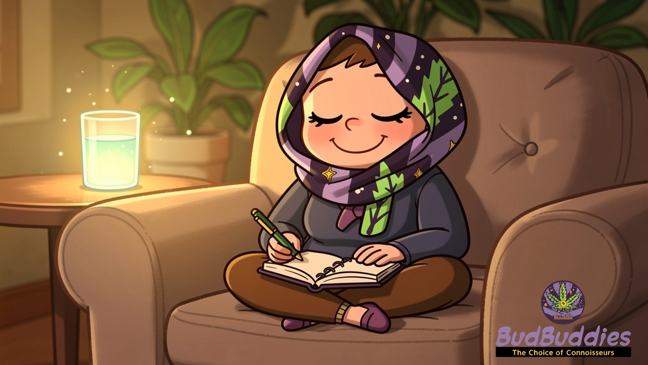 Relaxed cartoon character enjoying safe THC edible experience