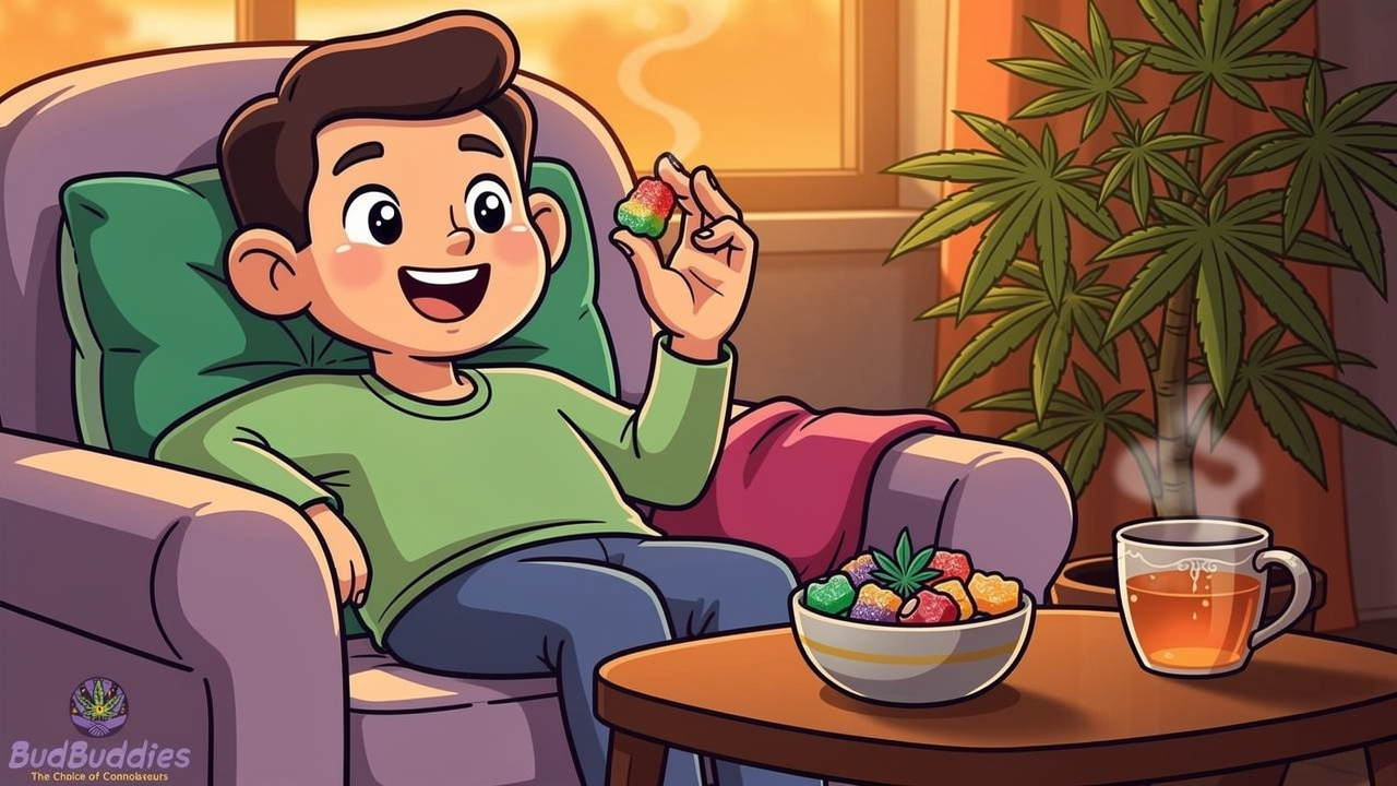 Cartoon person relaxing at home enjoying THC edible gummy