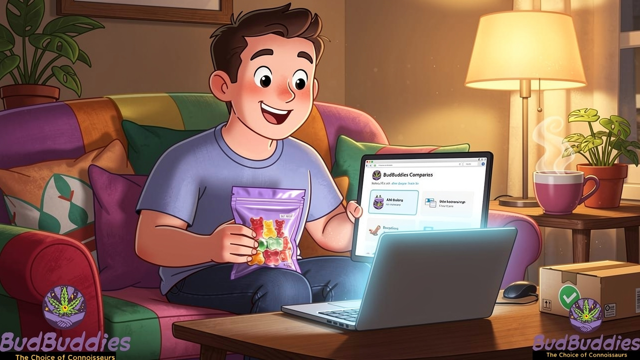 Cartoon person happily choosing THC edibles online at home