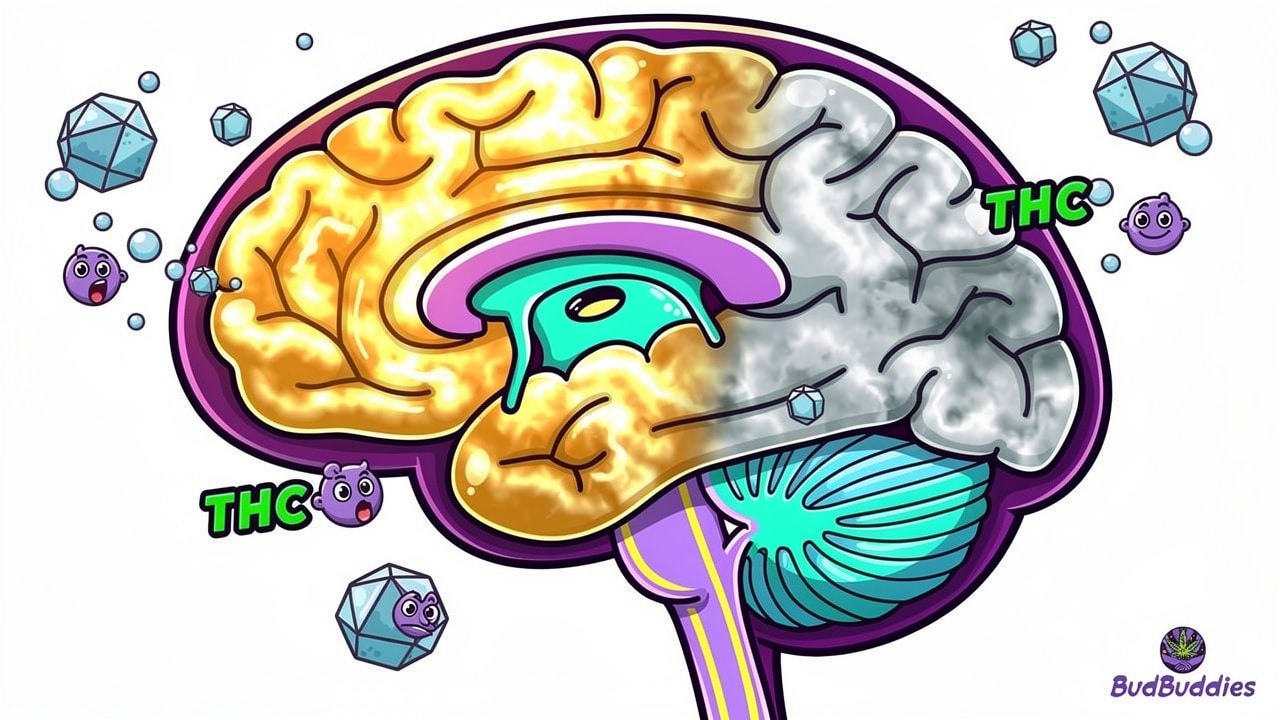 Cartoon brain showing THC effects on memory and focus