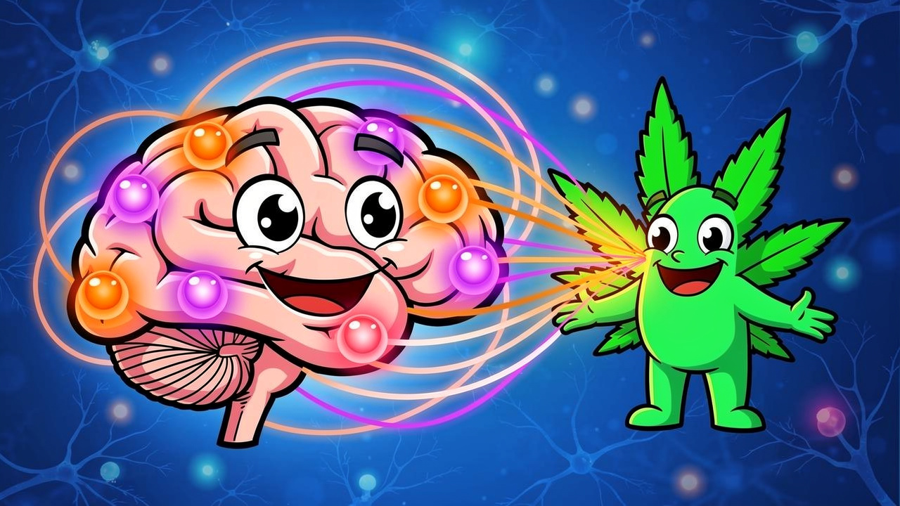 Cartoon brain with glowing cannabis receptor connections illustrated