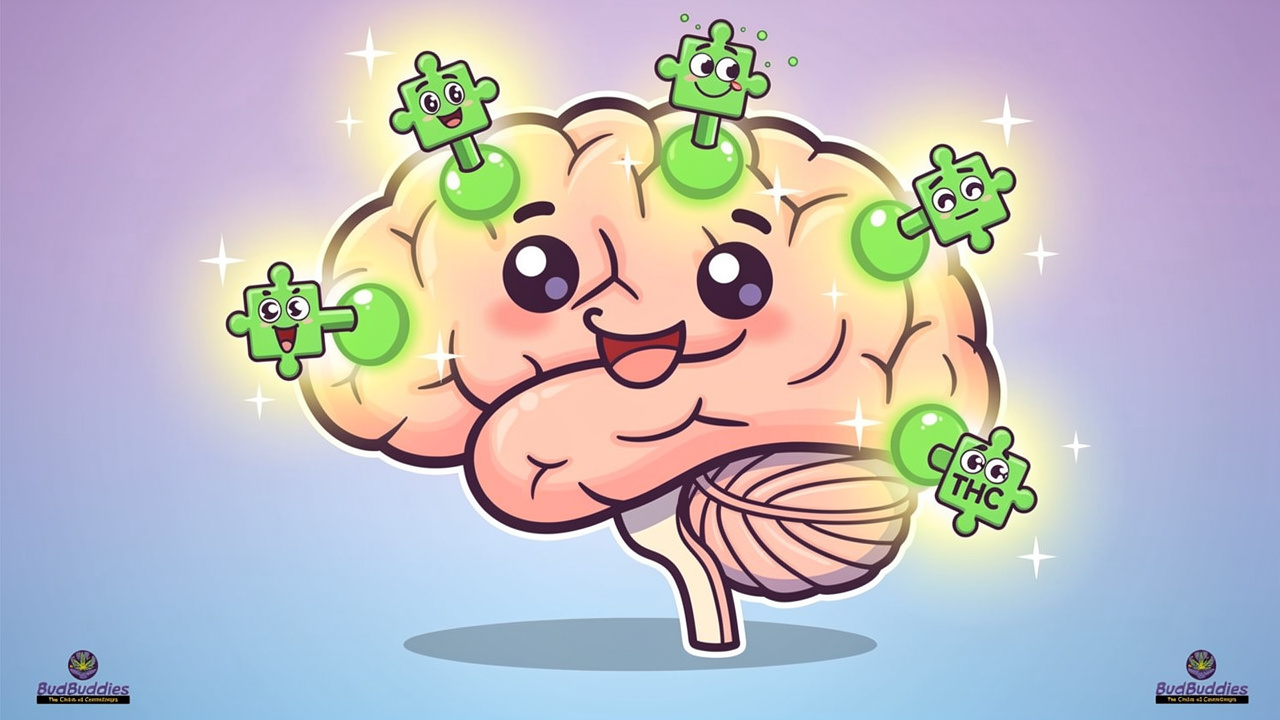Cartoon brain showing THC binding to CB1 receptors