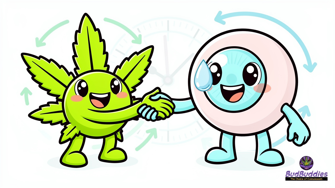 Cartoon cannabis leaf and eye showing pressure-lowering effect