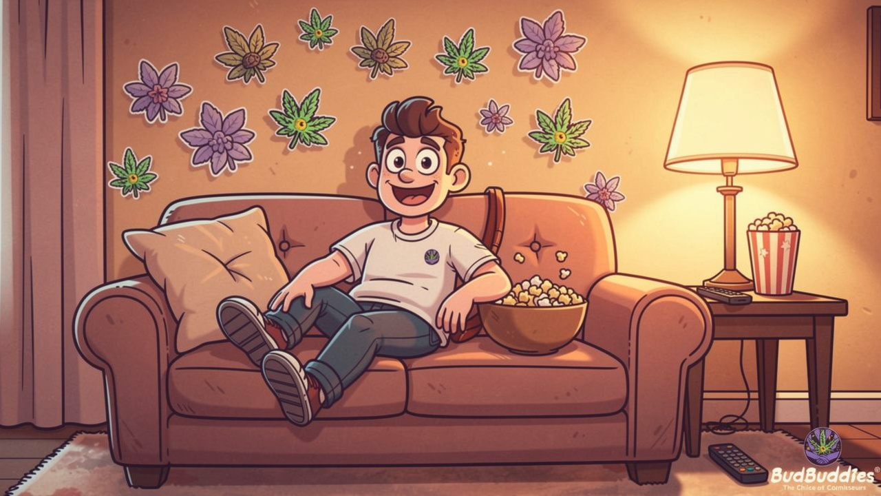 Cartoon character relaxing at home with premium THC flower