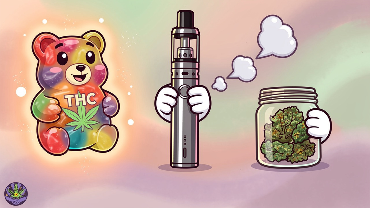 Cartoon characters comparing THC edibles, vapes, and flower formats