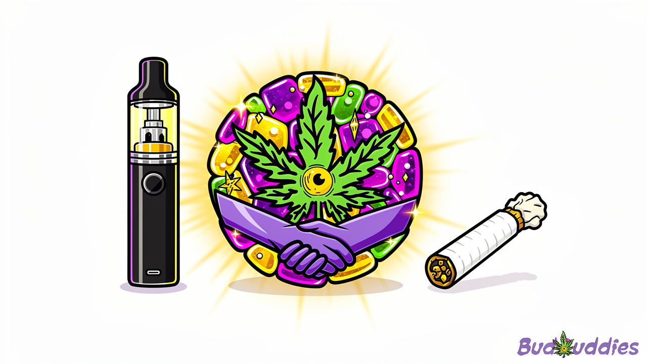 Cartoon comparing gummies vape and smoke cannabis formats