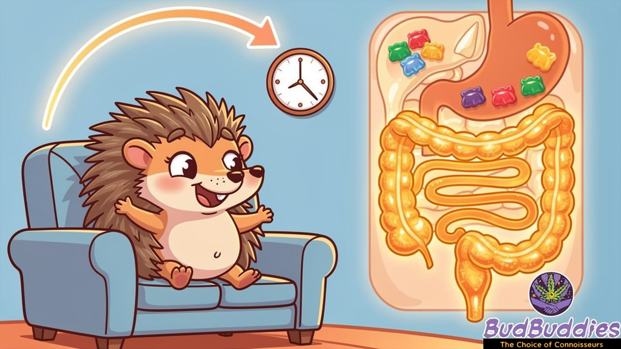 Cartoon showing THC gummy digestion and onset process