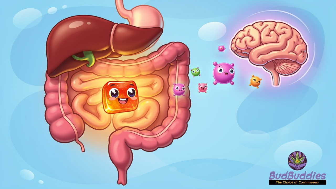 Cartoon showing how edibles travel through the digestive system
