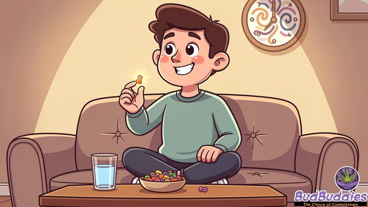 Cartoon adult relaxing at home with THC gummy dose
