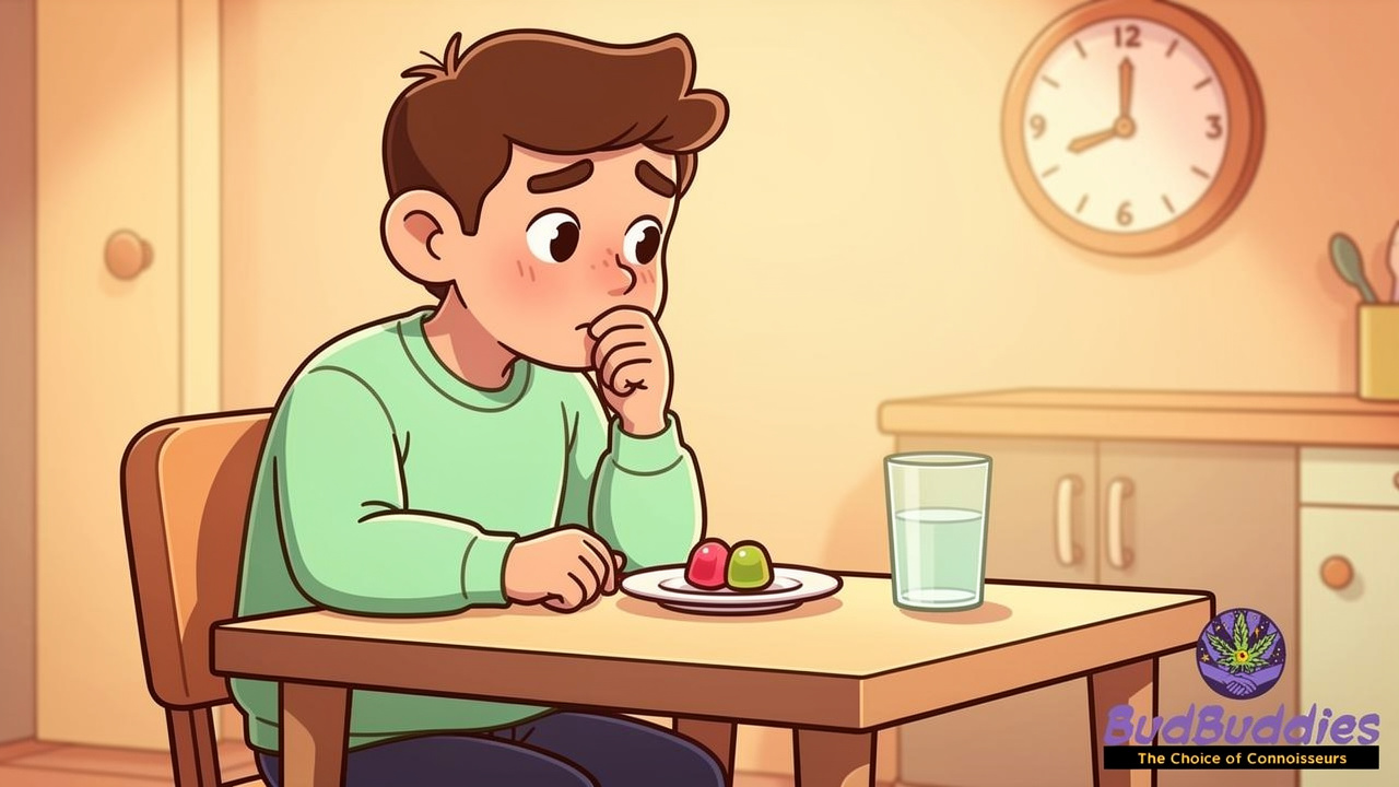 Cartoon student waiting patiently after taking first THC gummy