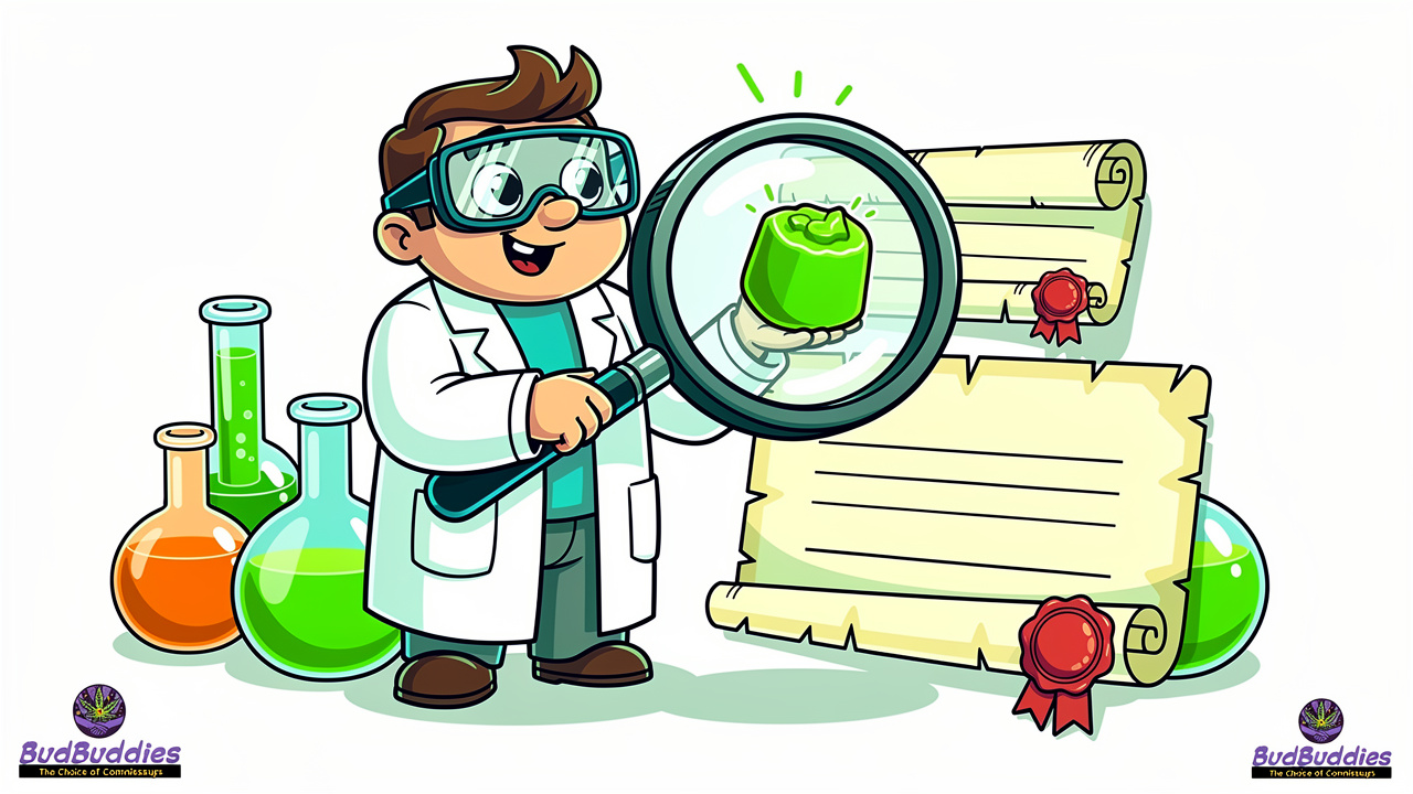 Cartoon scientist testing THC gummies for quality and safety