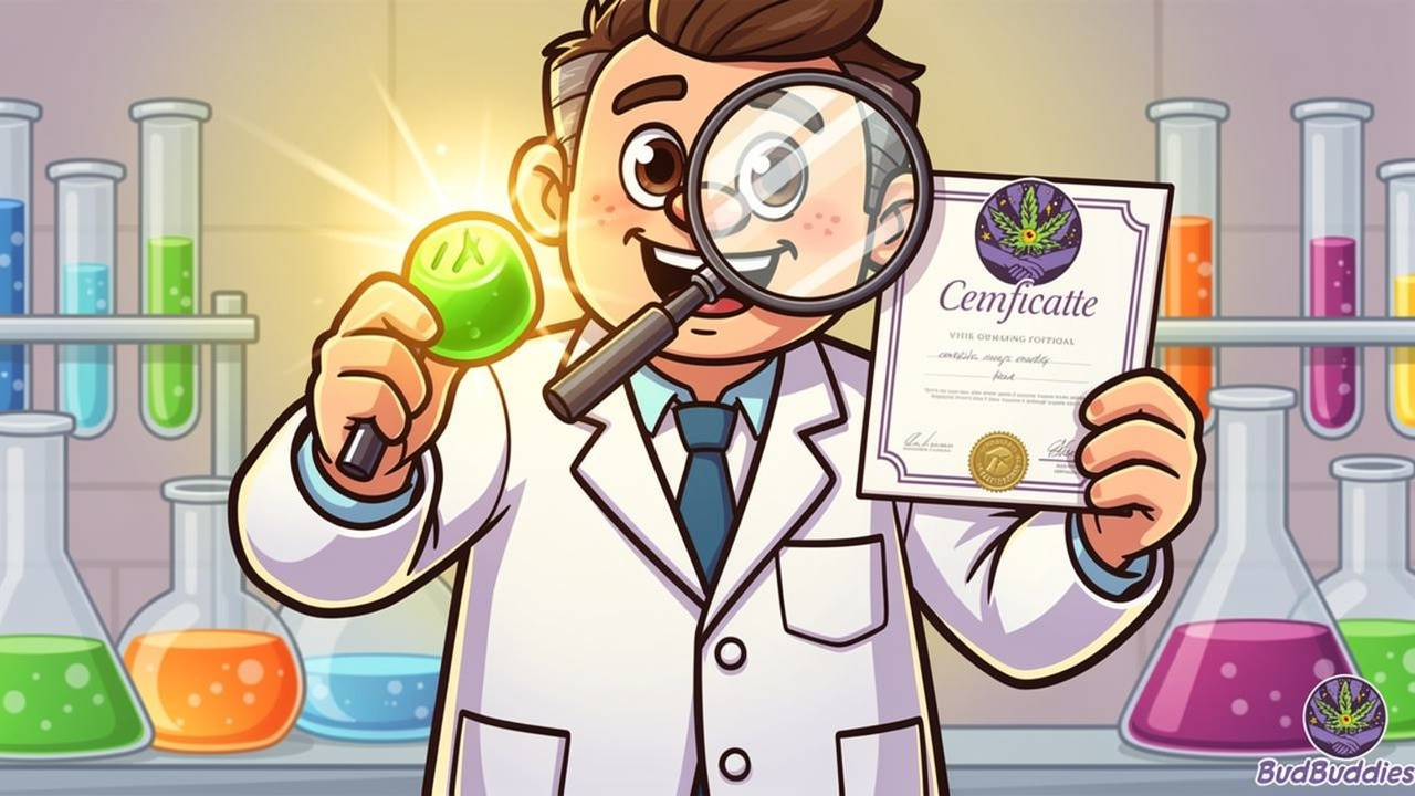 Cartoon scientist examining THC gummy in bright laboratory setting