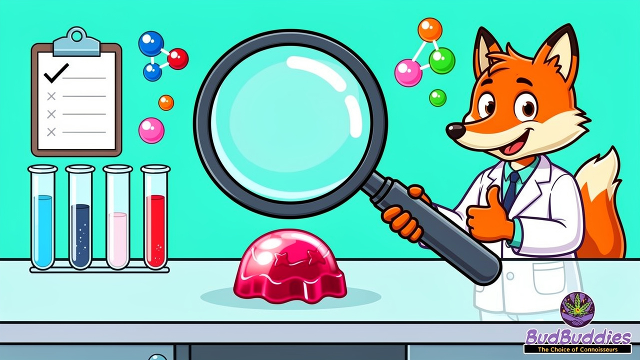 Cartoon lab testing quality assurance for THC gummies
