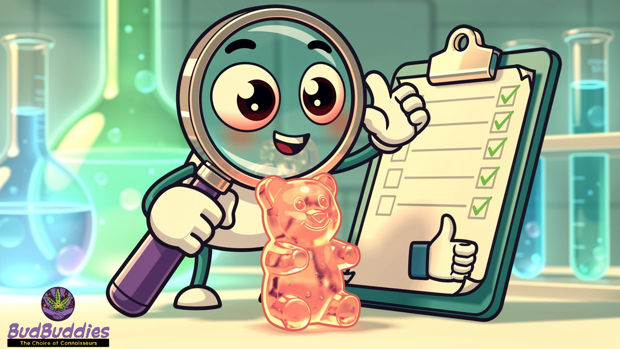 Cartoon character checking THC gummy quality and lab results