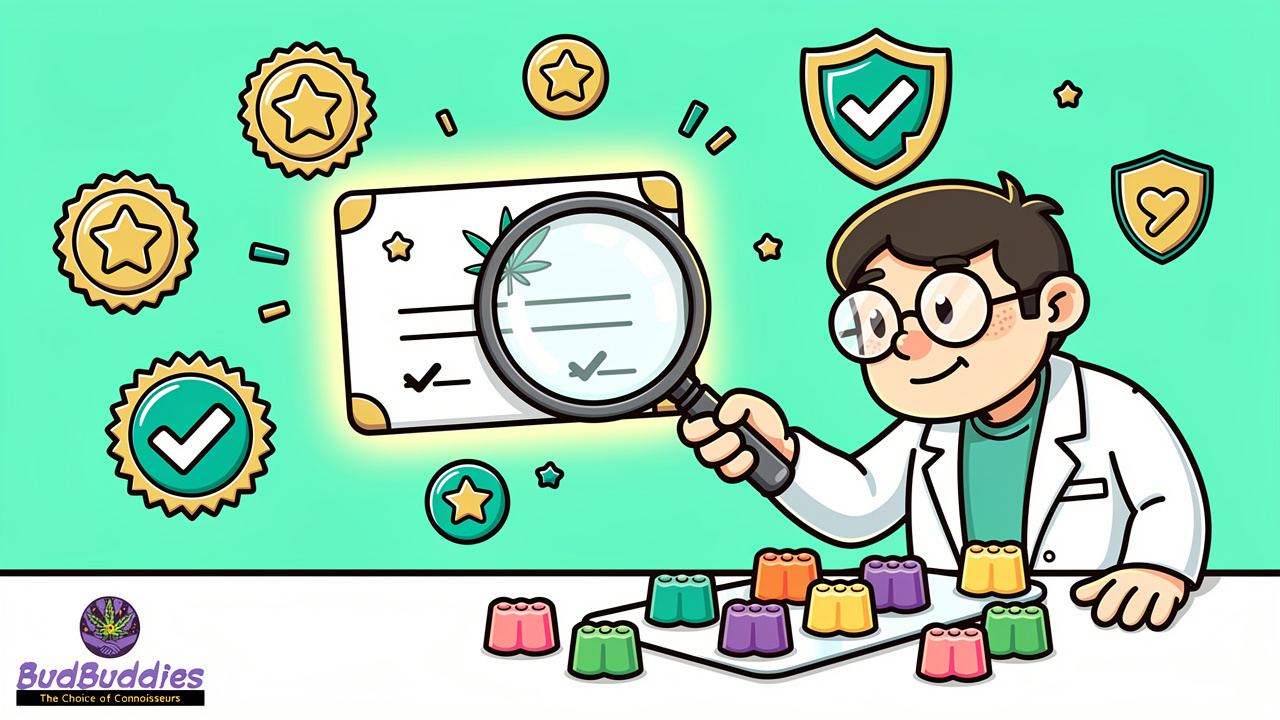 Cartoon scientist checking THC gummy lab quality
