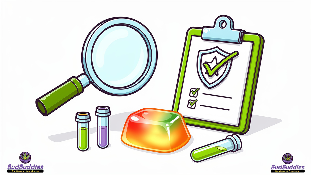 Cartoon magnifying glass inspecting quality THC gummy sweet