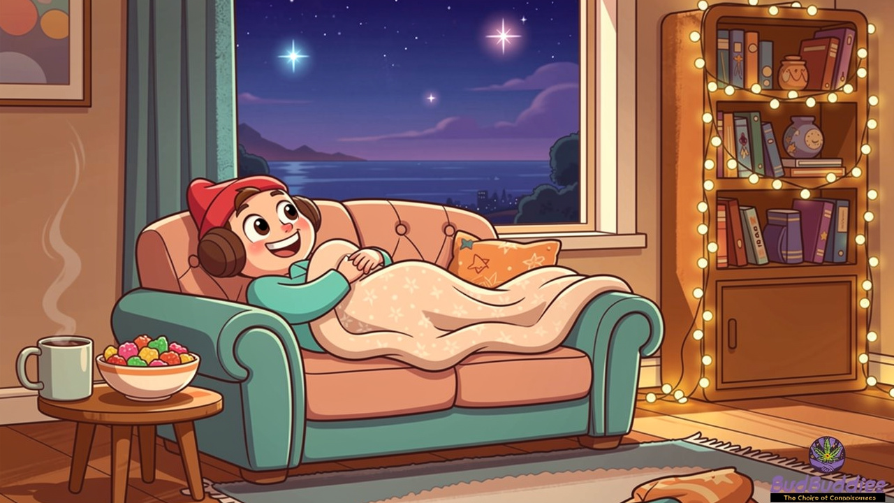 Cartoon character relaxing at home enjoying THC gummies