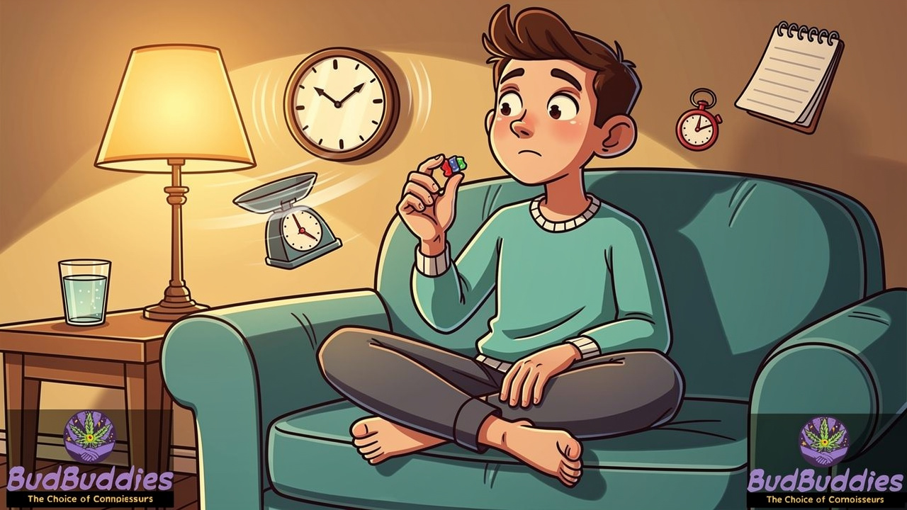 Cartoon person carefully dosing a THC gummy at home