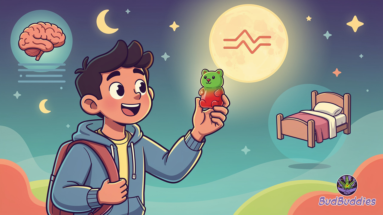 Cartoon student holding sleep gummy under starry night sky