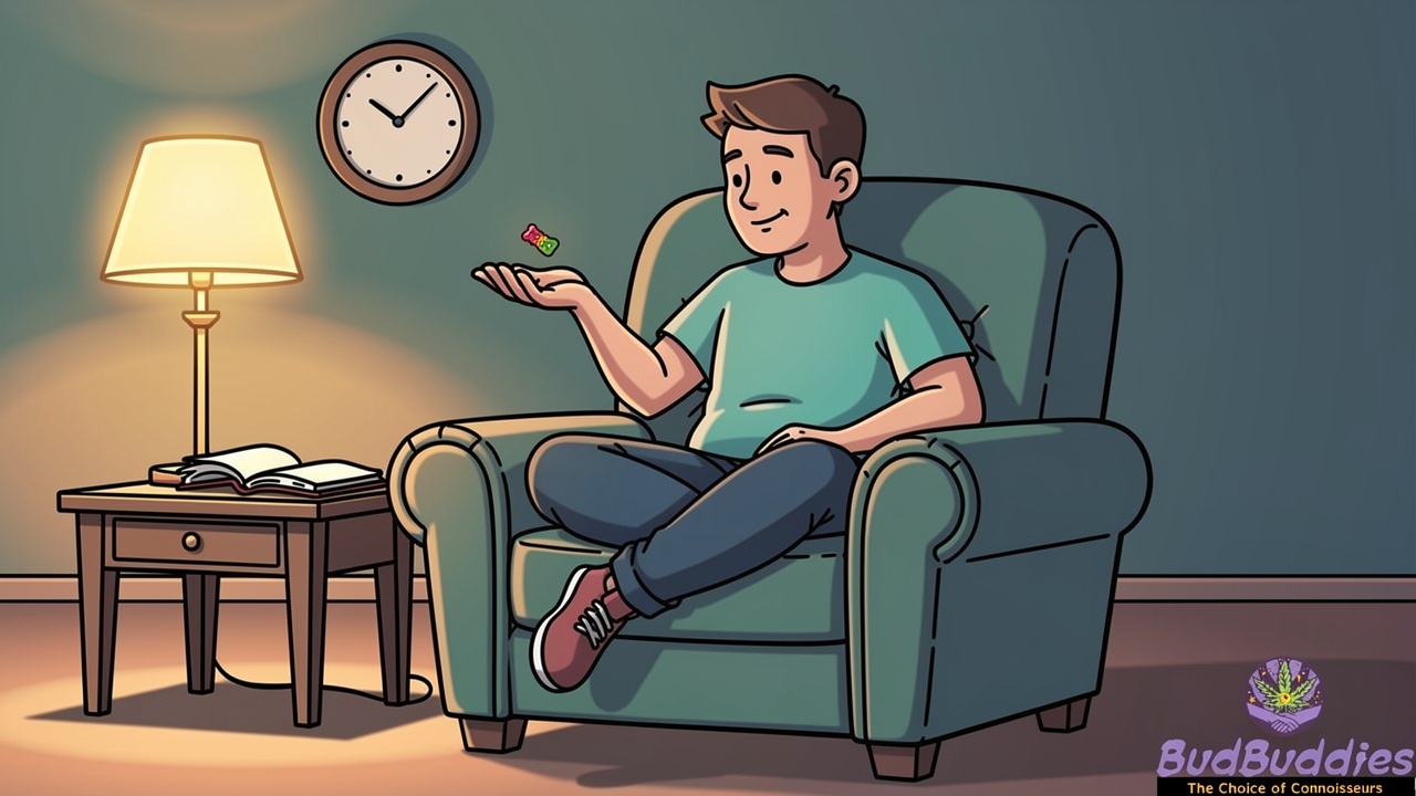 Cartoon character patiently timing first THC gummy dose