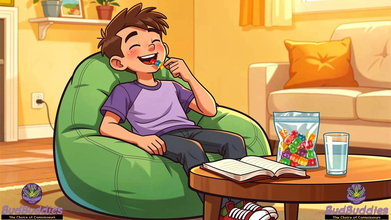 Cartoon student relaxing with colourful gummies in student flat