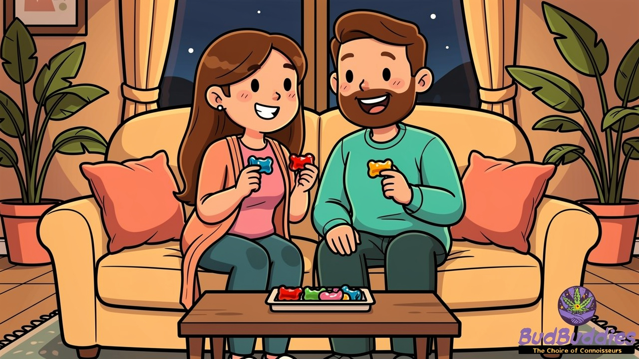 Cartoon couple relaxing together enjoying THC gummies on a sofa