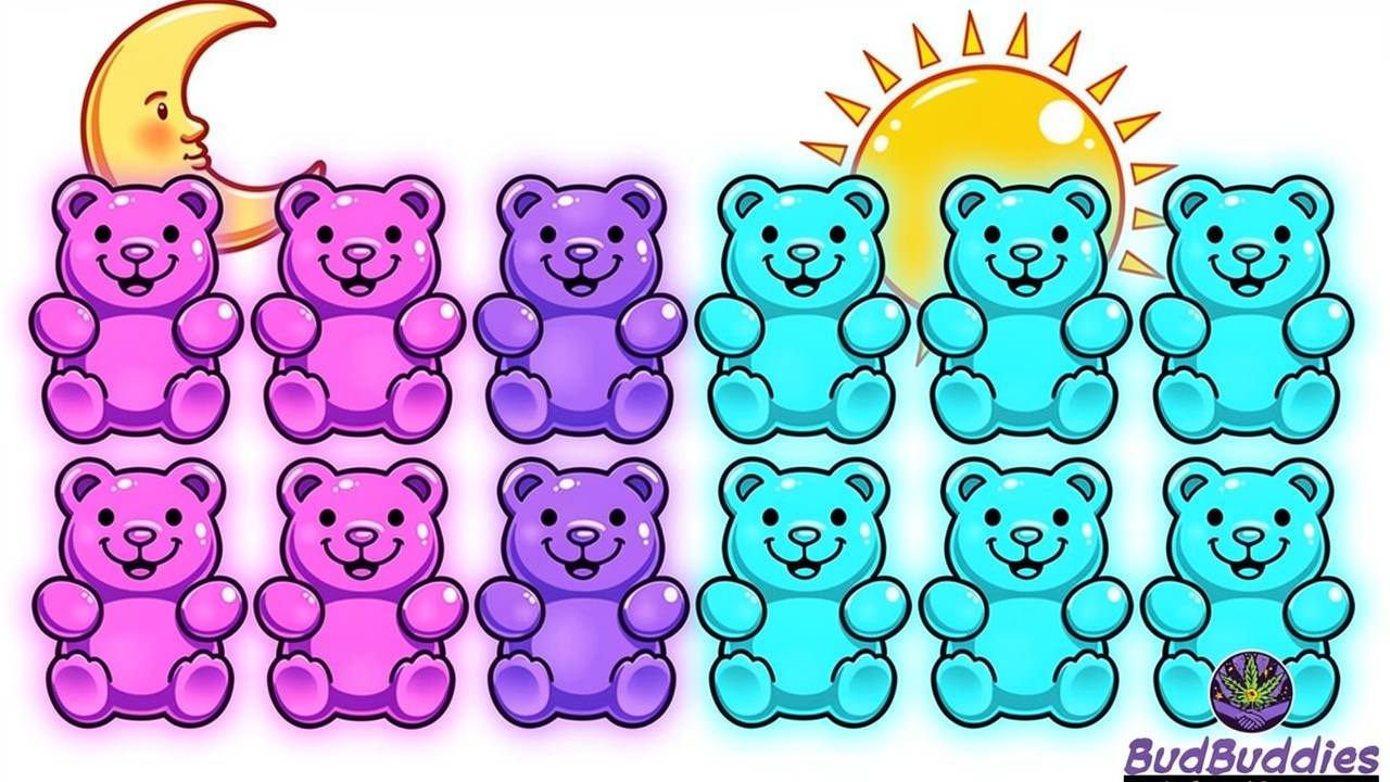 Cartoon THC and CBD gummy bears side by side colourful comparison