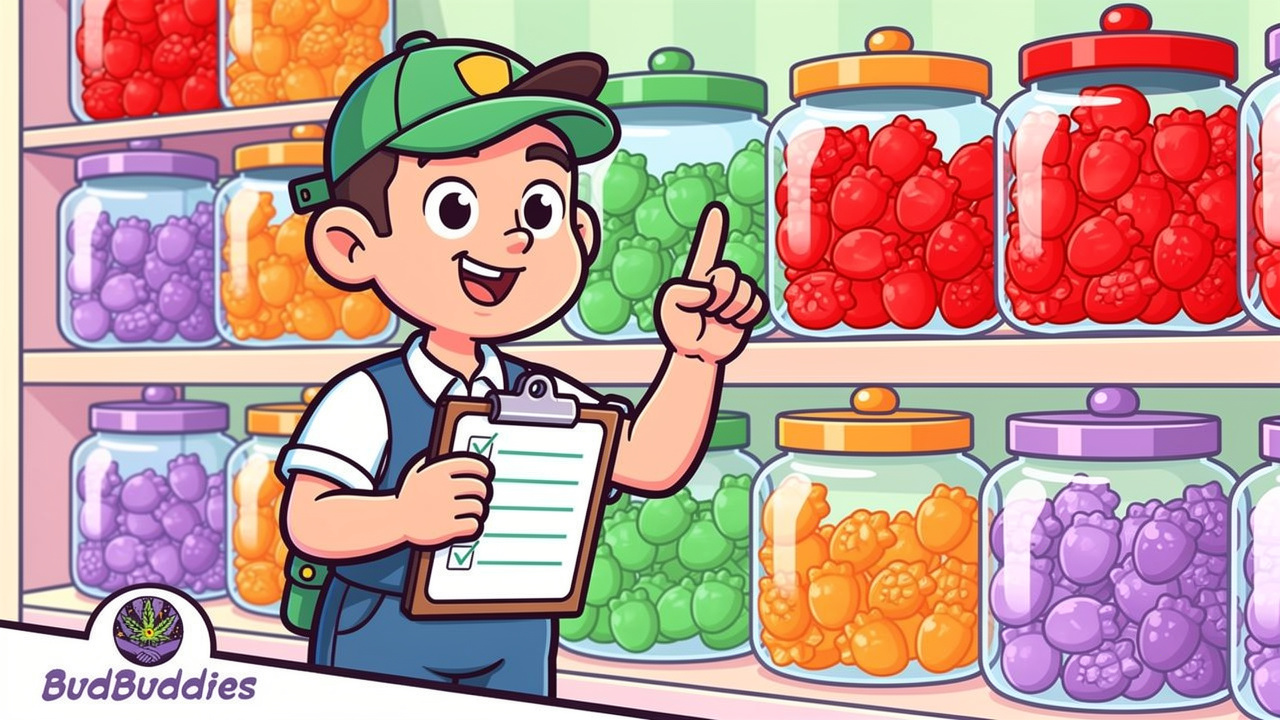 Cartoon character checking THC gummy quality with a checklist