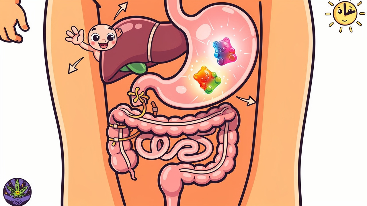 Cartoon illustration of THC gummy moving through digestive system