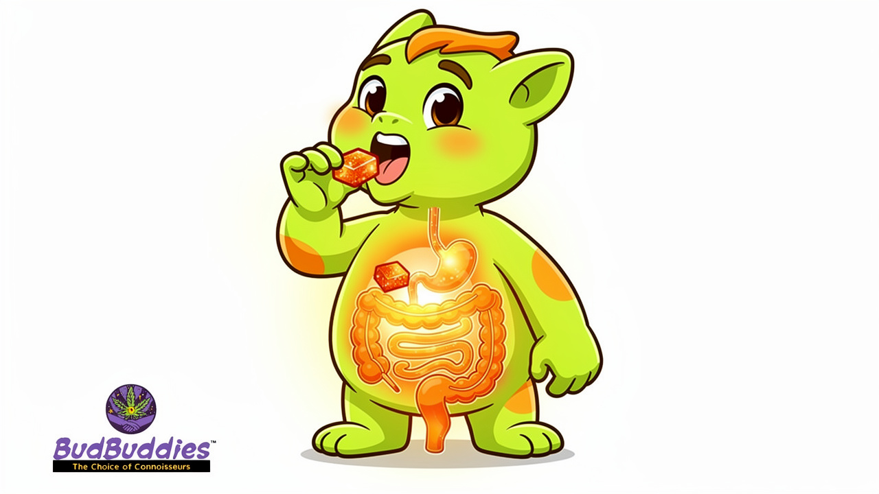Cartoon showing how a THC gummy is digested in the body