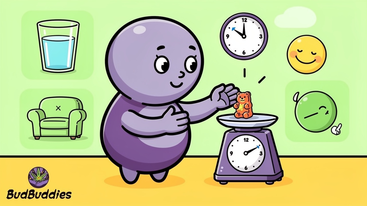 Cartoon character dosing THC gummy slowly and safely