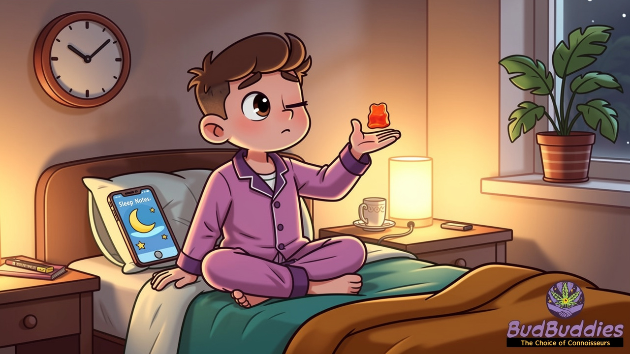 Cartoon student carefully dosing a THC sleep gummy before bed