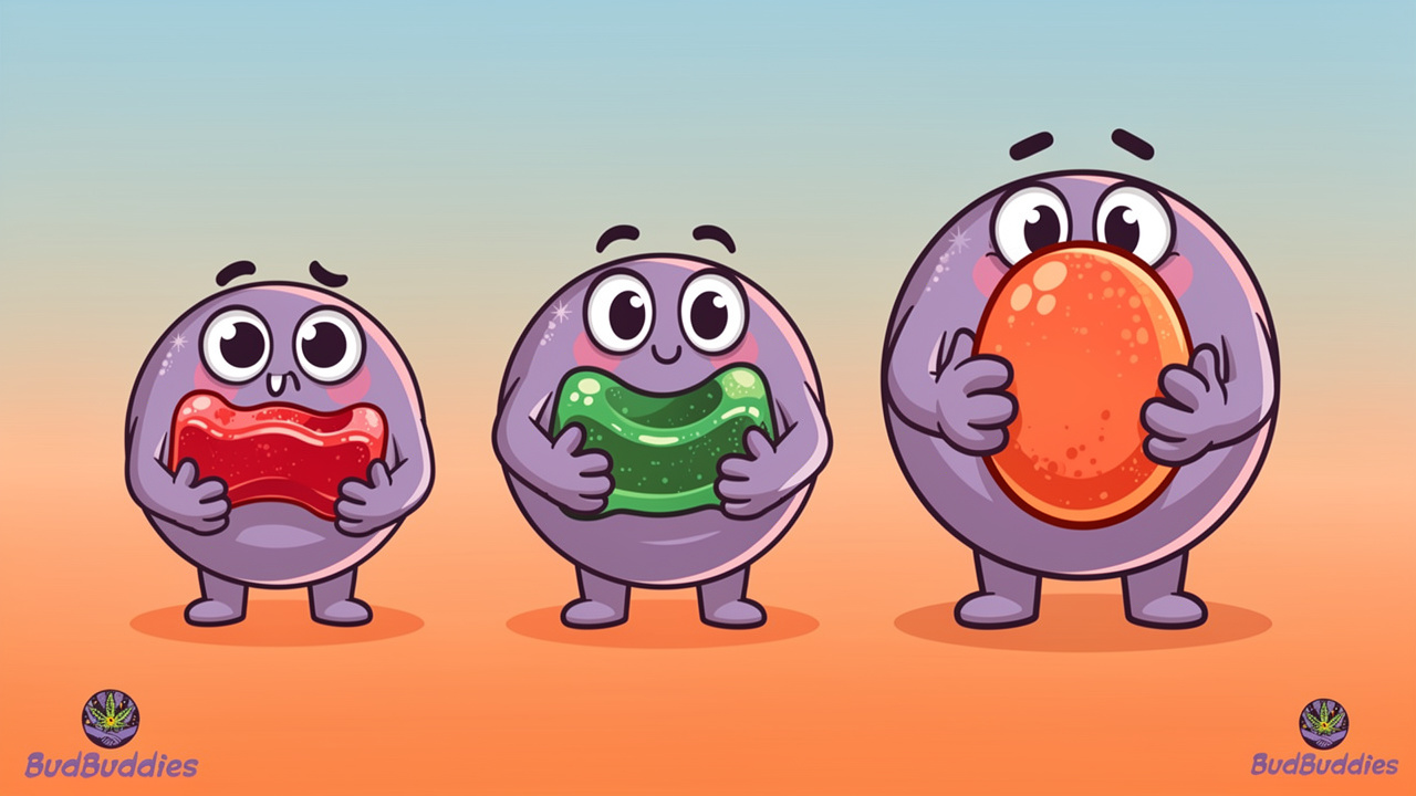 Three cartoon characters showing beginner to experienced THC dosing levels